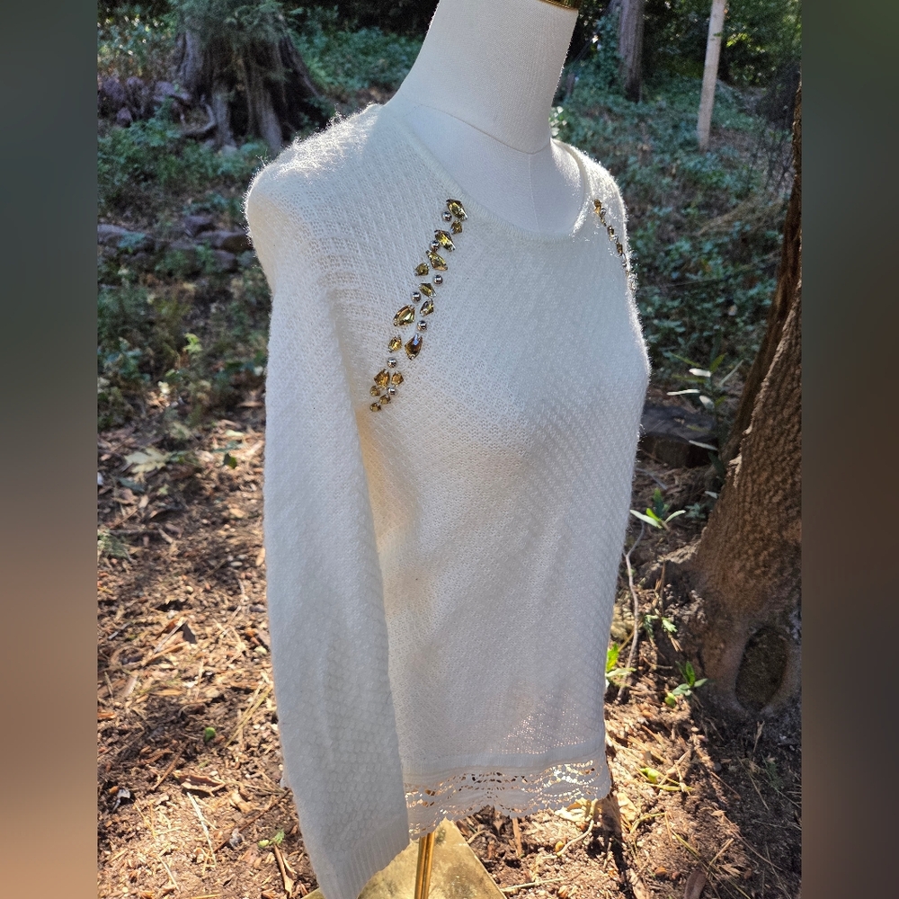 Chico's‎ Knit Sweater with Gold Rhinestone Accents And Lace - Picture 6 of 8